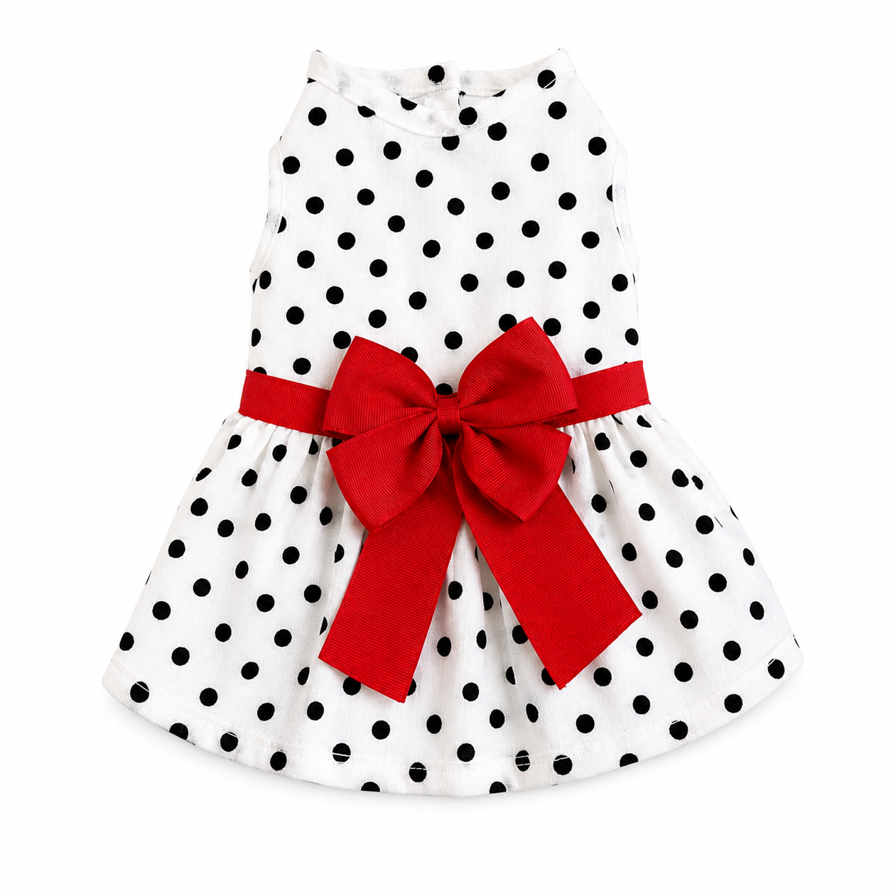 Vestido Blanco de Lunares con Moño Rojo