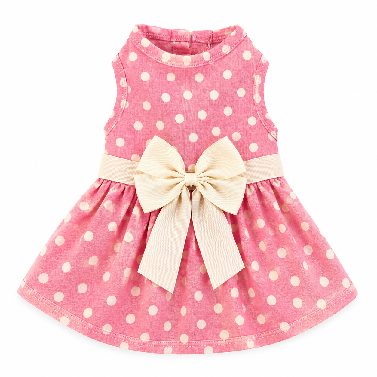 Vestido Rosa de Lunares con Moño Crema