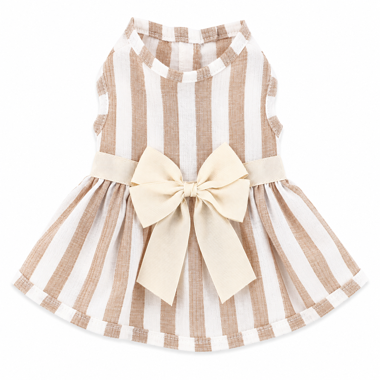 Vestido Beige Rayado Con Moño Blanco