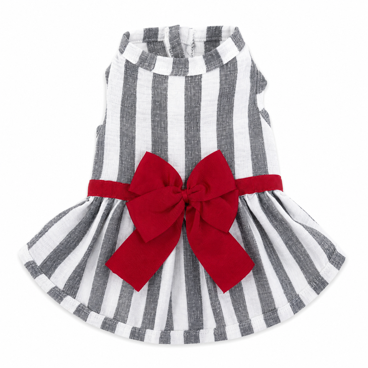 Vestido Gris Rayado Con Moño Rojo