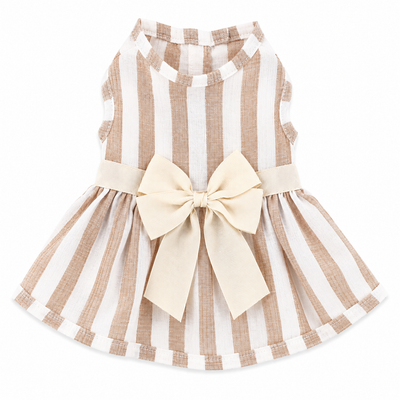 Vestido Beige Rayado Con Moño Blanco