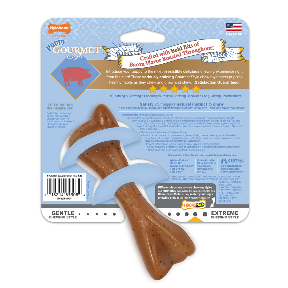 JUGUETE NYLABONE FÉMUR PUPPY GOURMET STYLE, TOCINO